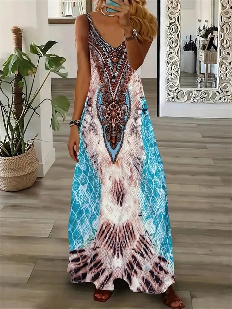 thumbnail image 1 of Nuevos vestidos de verano sin mangas con cuello halter para mujer, vestidos sexis con tirantes finos y estampado tie-dye, vestidos largos para vacaciones en la playa en Hawái 2024., 1 of 5