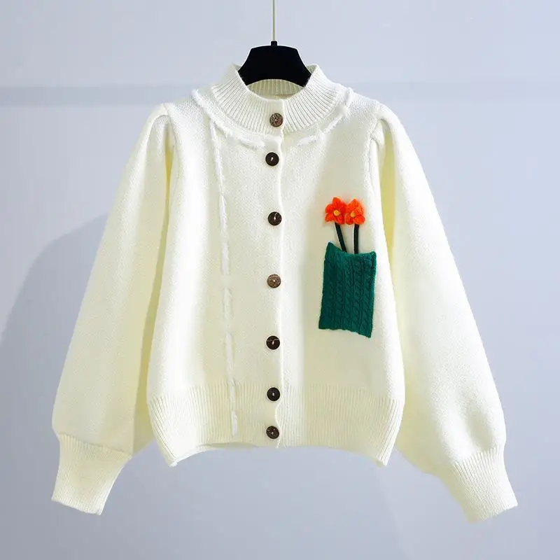 

Маленький тяжелый свитер с вышивкой и полуворотником, короткий жакет, новинка 2022, японский трикотажный трехмерный цветочный кардиган