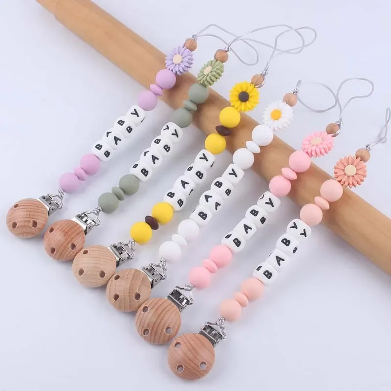 

Baby Pacifier Clip Chain Personalized with Name Wooden Silicone Flower Teethers Dummy Nipple Holder Clips Teething Toys BPA Free