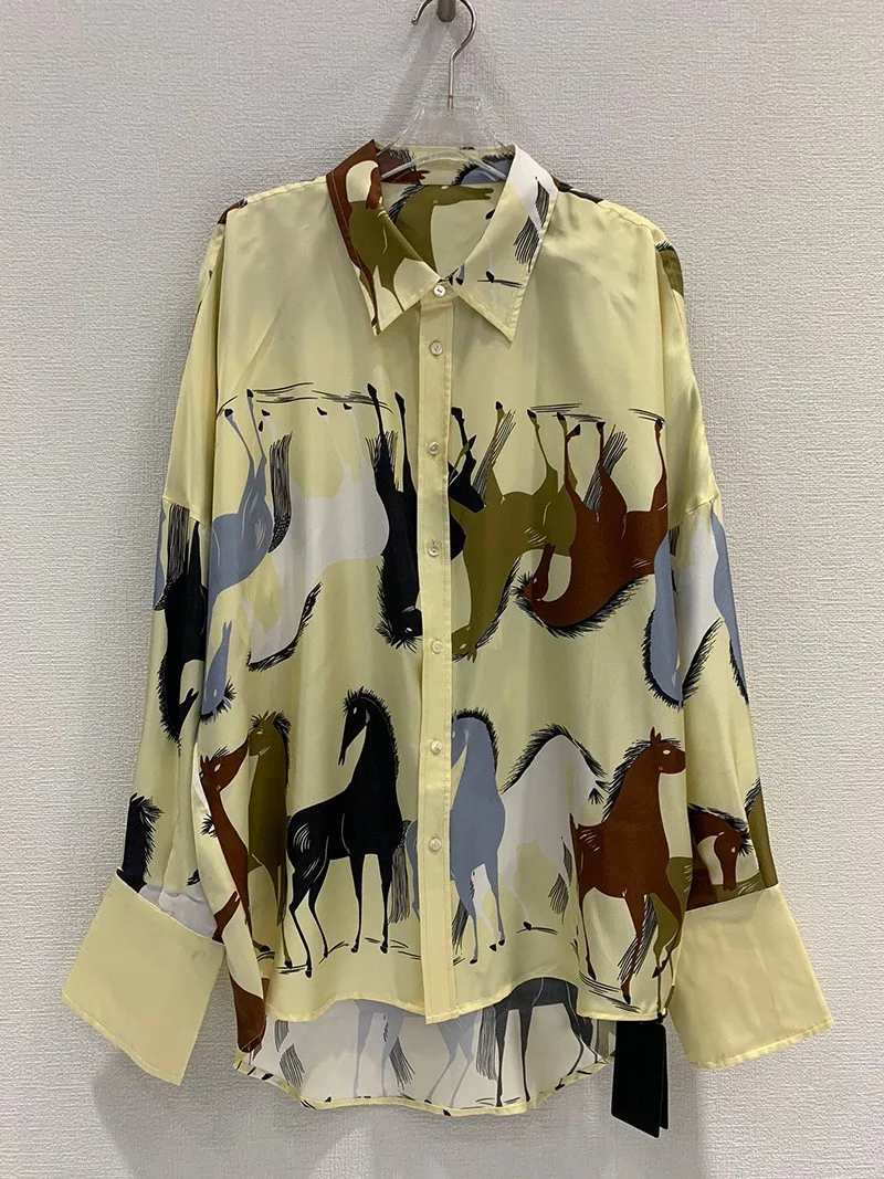 

French Women's Shirt Retro Ink Painting Horse Print Chemise Front Short Back Long Twill Silk Top Spring Summer