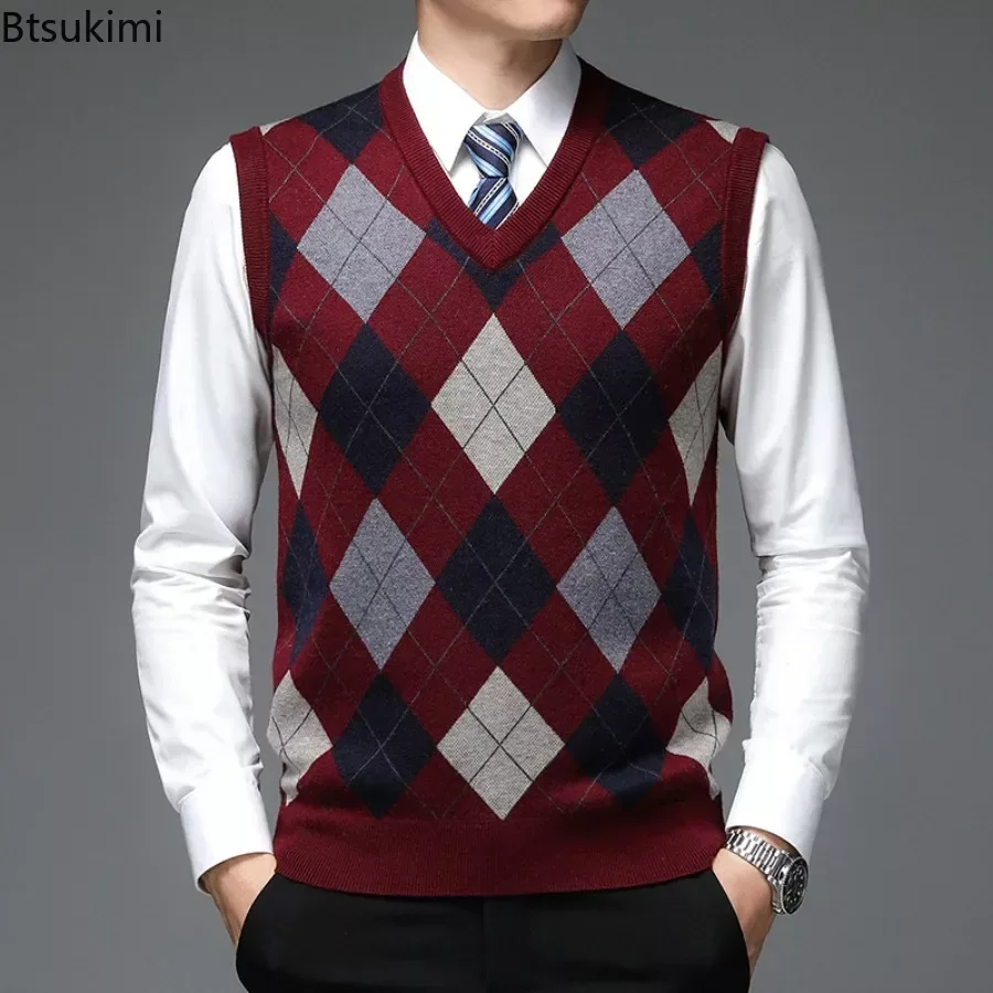 New 2024 Men's Casual Knitted Wool Sweater Vest V-neck Knit Pullover Jacquard Plaid Sleeveless Tops Business Office Men's Vest