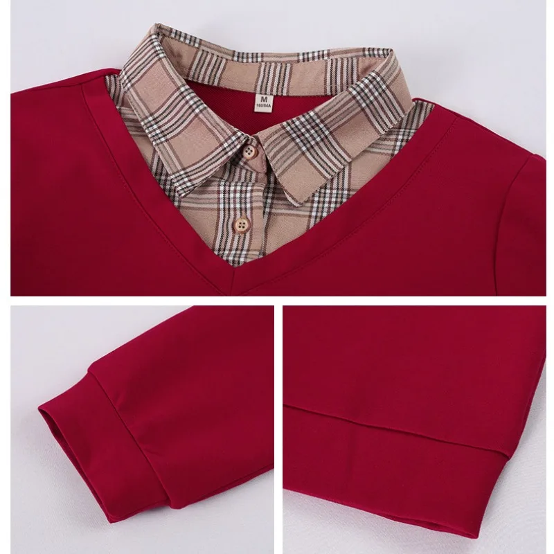 Women's Spring Autumn Pullover Turn-down Collar Plaid Button Patchwork Long Sleeve T-shirt Hoodies Elegant Casual Loose Tops