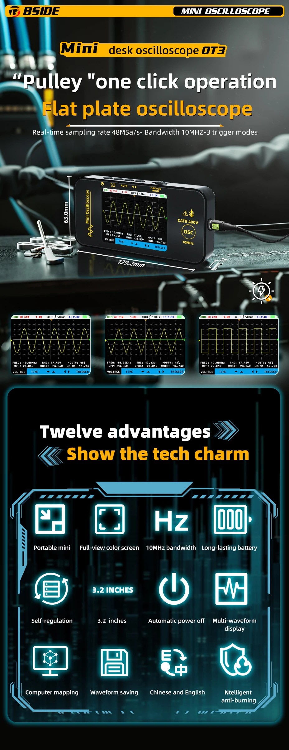 OT3 Handheld Oscilloscope 3.2” TFT LCD Digital Scope Tester, 10MHz/48MSa/s,Potab