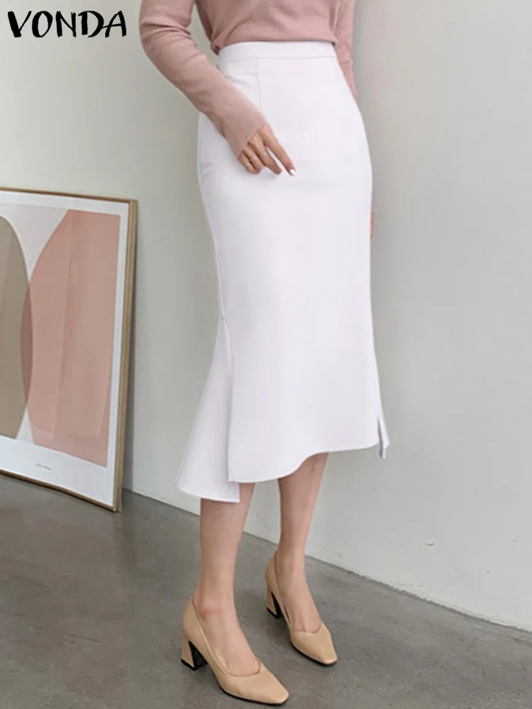 

2023 VONDA Summer High Waist Evening Skirts Fashion Elegant Women Sexy Office Midi Skirts Casual Solid Ruffled Party Bottoms