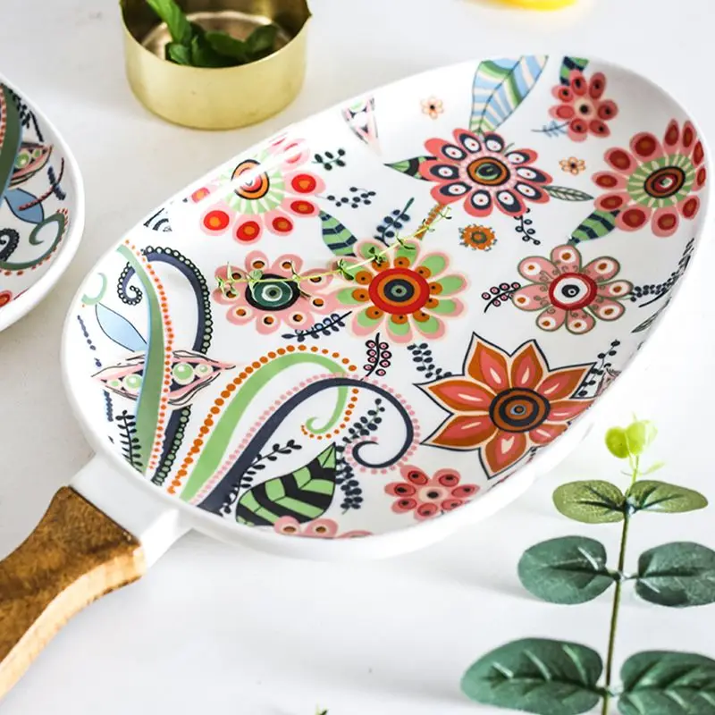 Ceramic Salad Plates with Handle Porcelain Dinner Plates Colorful Floral Pattern Serving Plate for Desserts Sandwiches Dishes 접시 dining dish
