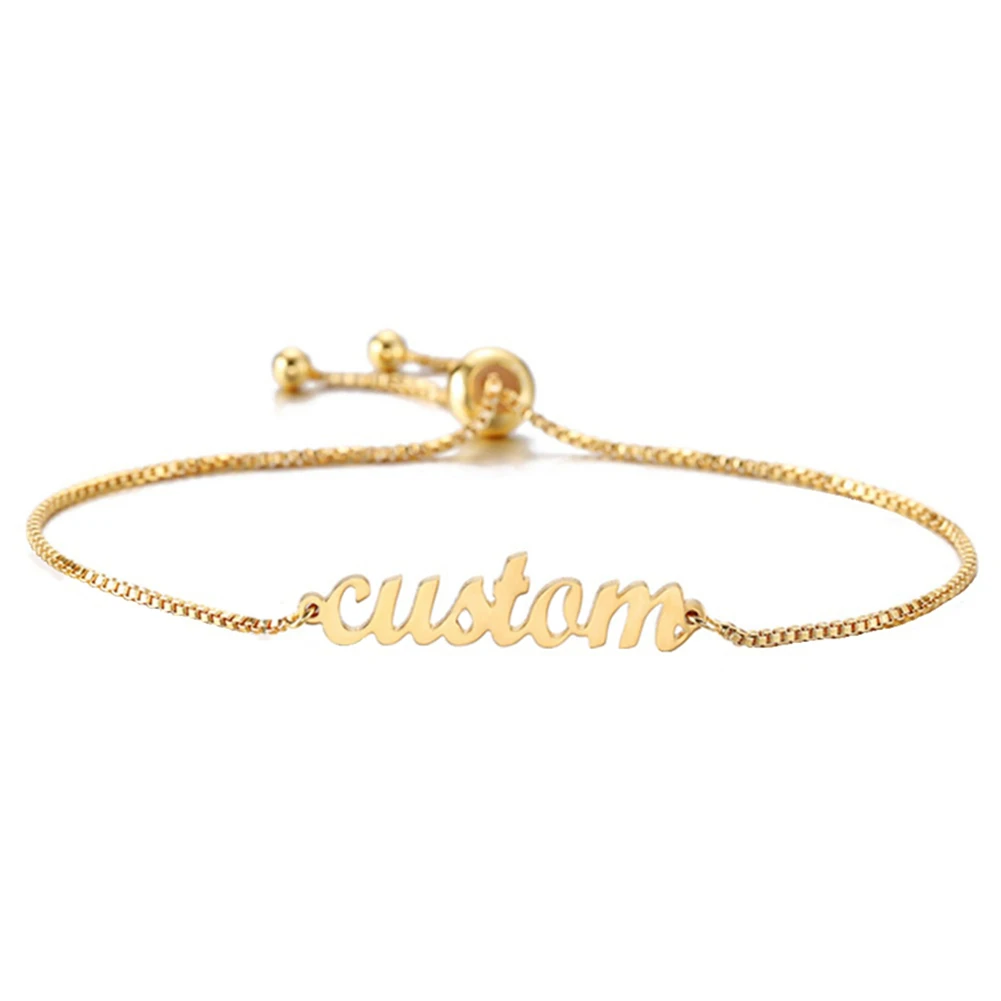 

YHLISO Custom Personalized Name Bracelet Nameplate Adjustable Box Chain Bracelets Bangle Gold-tone Women Jewelry