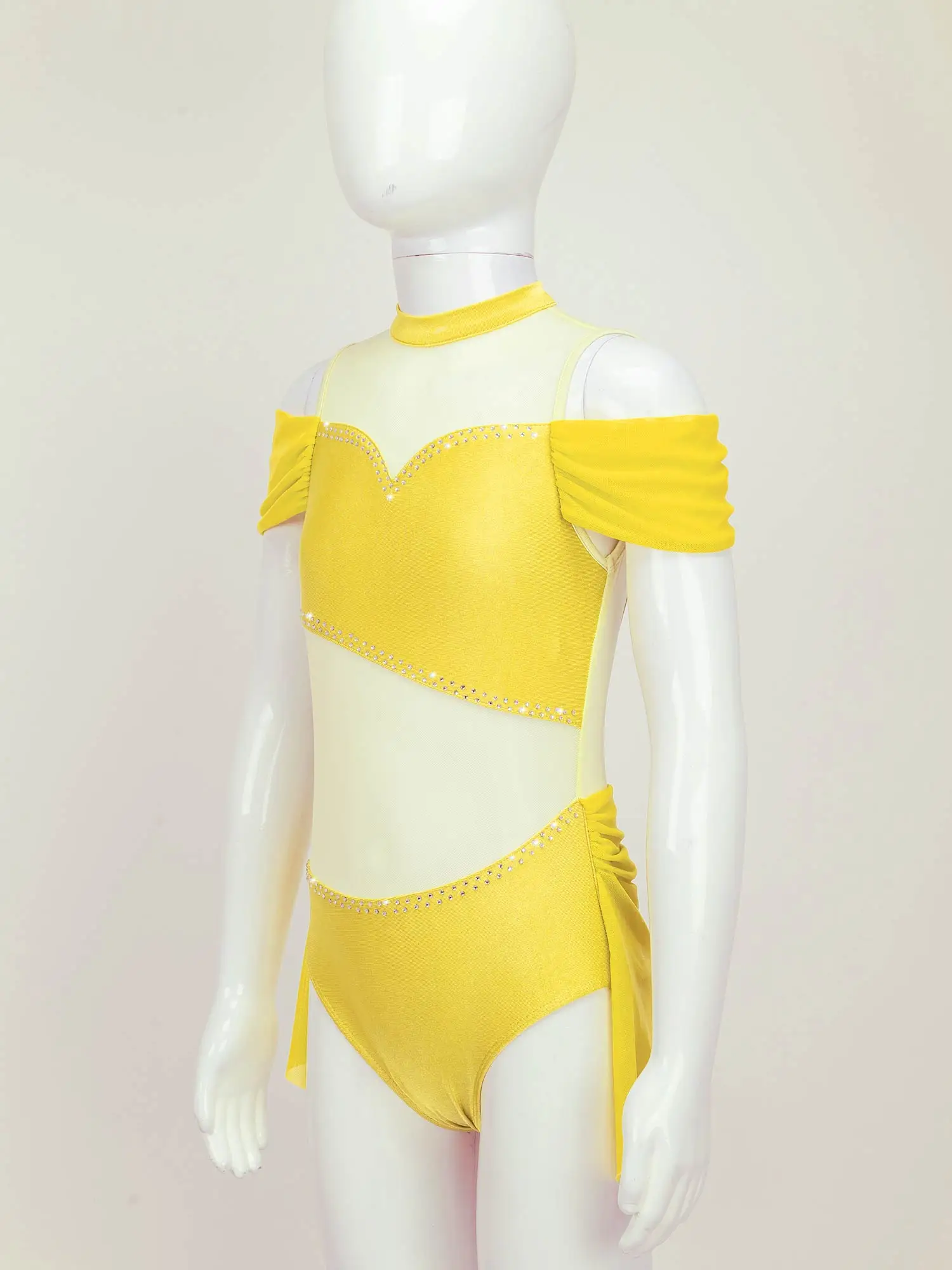 Kids Girls Stylish Clothing Sleeveless Off-shoulder Shiny Rhinestone Decorated Straps Hollow Back Patchwork Style Dance Leotards