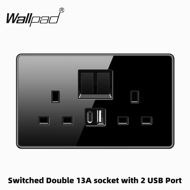 146*86MM 3*6 Wallpad Black Glass Double Switched 13A 3Pin UK Wall Plug Socket with 2USB TypeC 20A 45A Fuse Switch Satellite RJ45