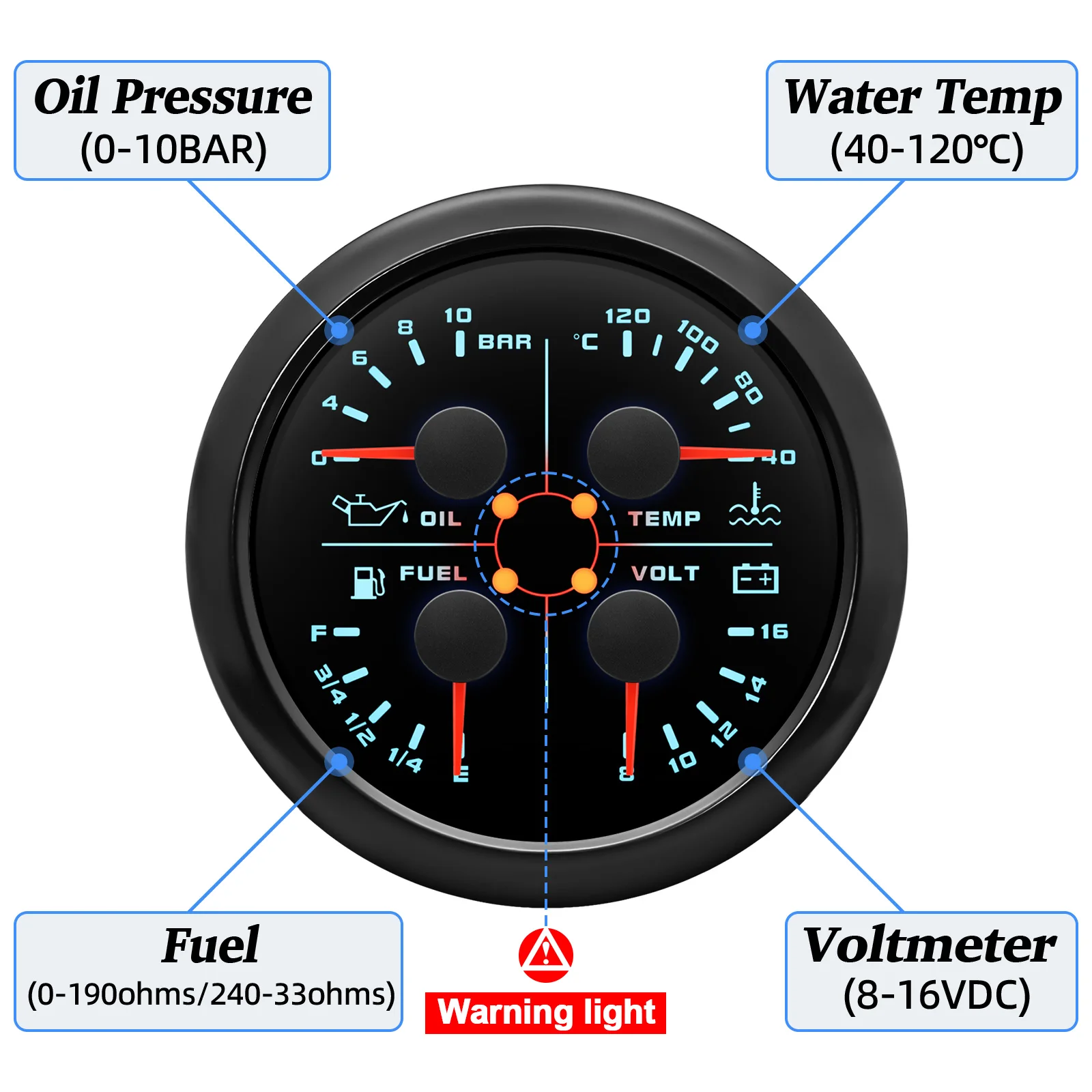 7 Farben 85MM Anzeige 4-in-1 Öldruckanzeige Kraftstoffstand Wassertemperaturmesser Auto-Temperatursensor 10MM 1/8 NPT Kraftstoffstandsensor – Detail 6