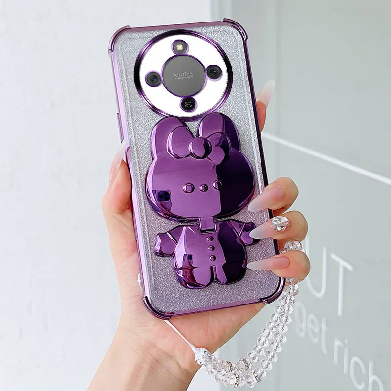 Shockproof Phone Case with Rabbit Makeup Swivel Stand and Crystal Lanyard