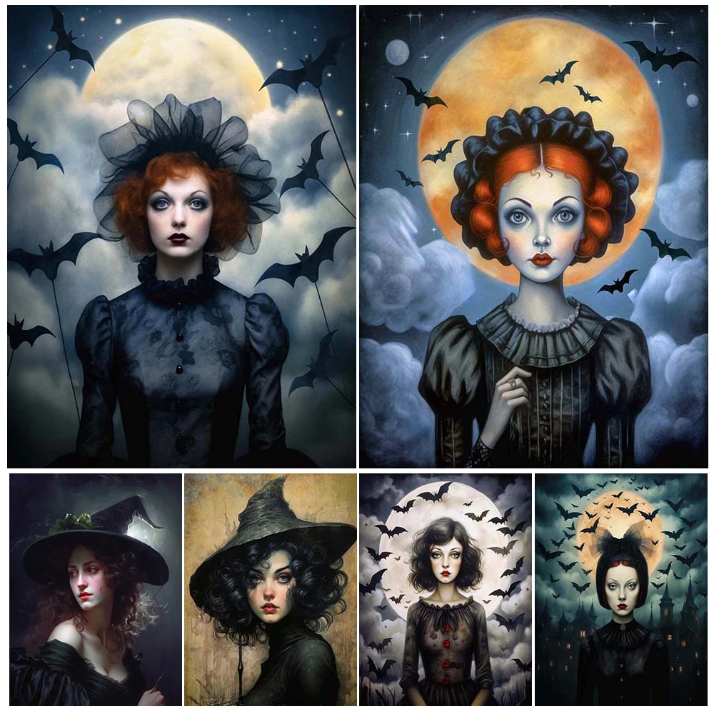 

Witchy Woman In Black Hat With Gothic Woman In The Full Moon Wall Art Print Modern Pagan Wicca Goddess Art Poster Print Decor