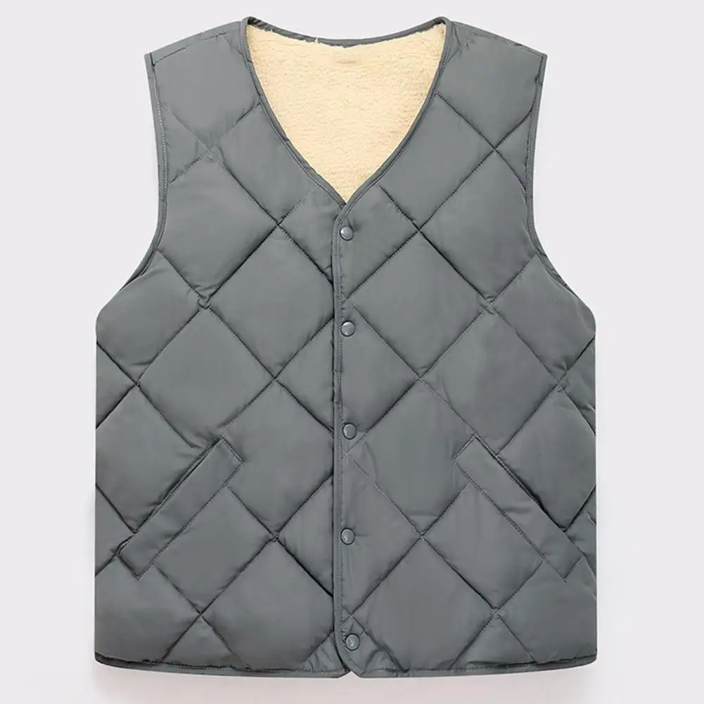 

Mid-aged Men Winter Vest Jacket V-neck Sleeveless Fleece Lining Waistcoat Solid Color Pockets Single Breasted Warm Vest Coat