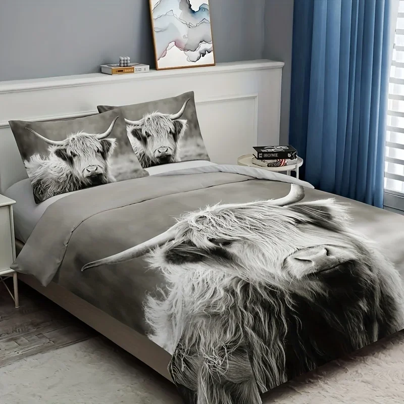 2/3PCS Highland Cow King Size Bedding Set Digital Print Duvet Cover with Pillowcase Fashion Field Style Home Decor for Bedroo