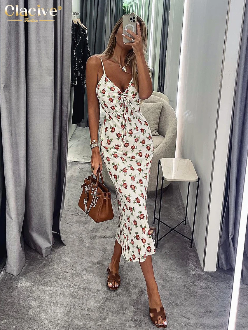 

Clacive Sexy Slim Print Womens Dresses 2024 Summer Strap Sleeveless Midi Dresses Elegant Classic Lace-Up Female Sundresses