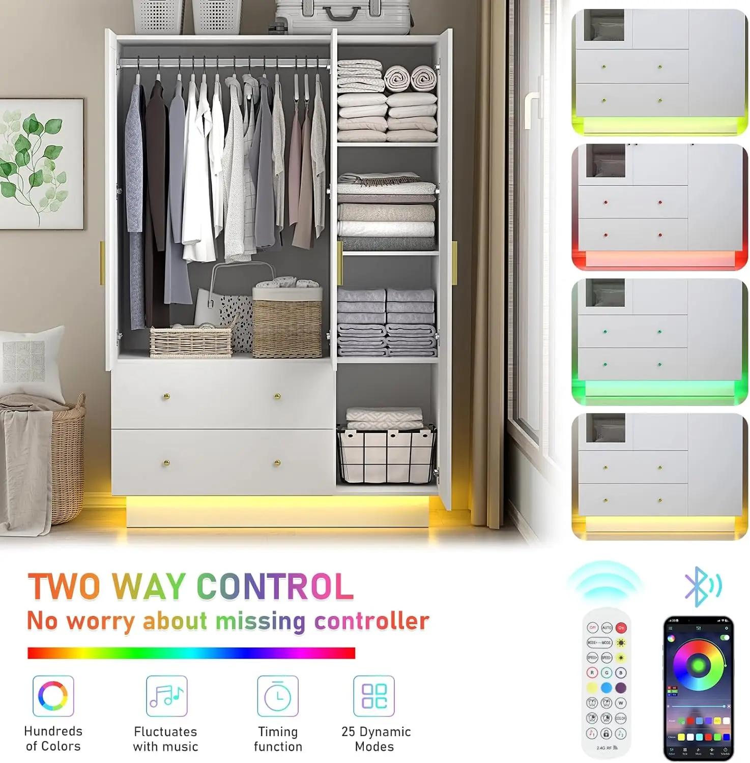 3-Door Wardrobe w/Mirror & LED Lights, Drawers & Shelves, Modern Wooden Armoire with Hanging Rod, White