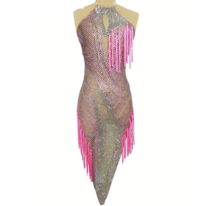 

Rhinestone Women Competition Latin Dance Dress Pink Tassel Nightclub DJ Bar Party Performance Costume