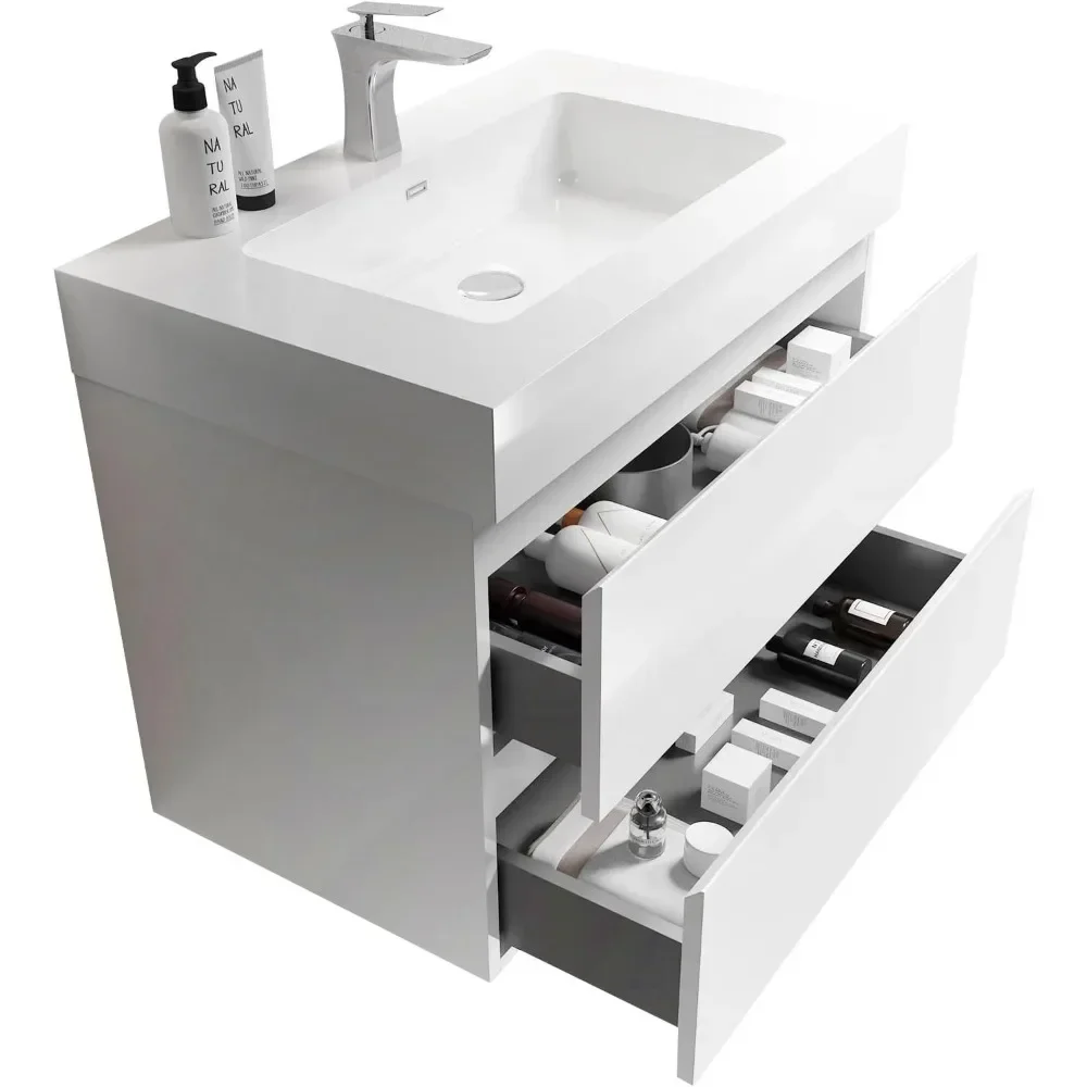 Floating bathroom vanity with washbasin, bathroom cabinet with upper drawers and soft closure, 36."