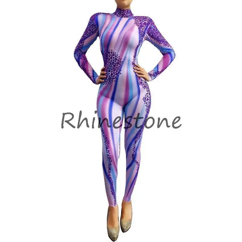 

Outfit Spandex Leggings Birthday Celebrate Prom Wear Purple Rhinestone Long Sleeves Jumpsuit Women Dancer Singer Show