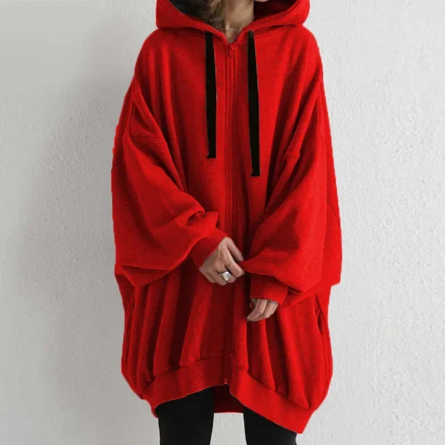 New Fashion Women Casual Solid Color Hoodie Coats Autumn Winter Female Long Lantern Sleeve Zip Up Loose Cardigan Sweatshirts