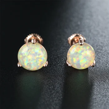 White Fire Opal Small Round Stone Earring Female Simple Trendy Screw Back Stud Earrings For Women Rose Gold Color Bridal Jewelry