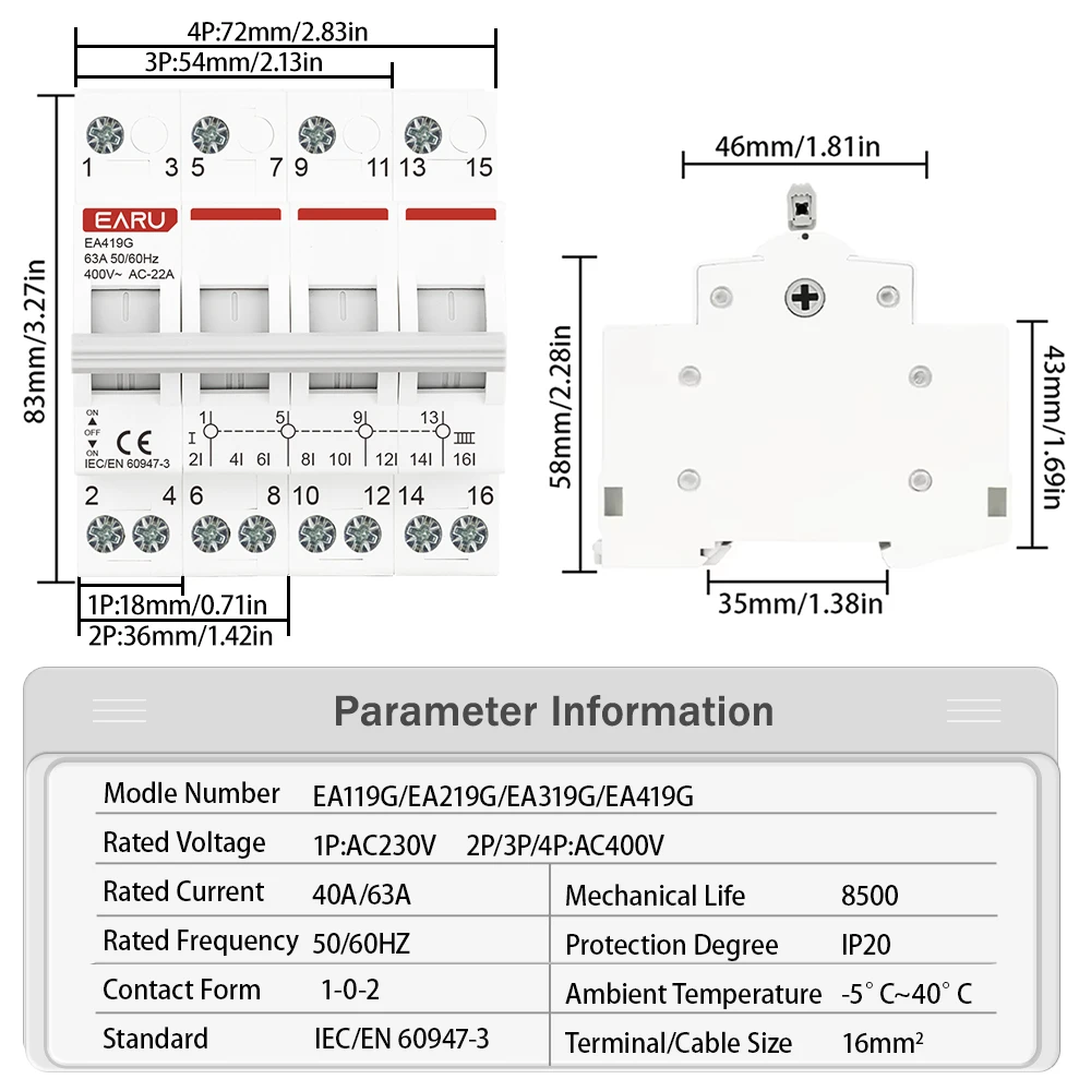 40A 63A 1P 2P 3P 4P Din Rail Modular MTS Dual Power Manual Transfer Switch Isol