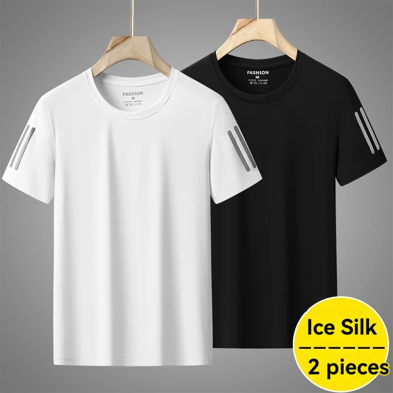 High Quality Ice Silk Thin Men's Casual Breathable Short Sleeved T-shirt Summer Sweat Absorbing Quick Drying Sports Running Top 2