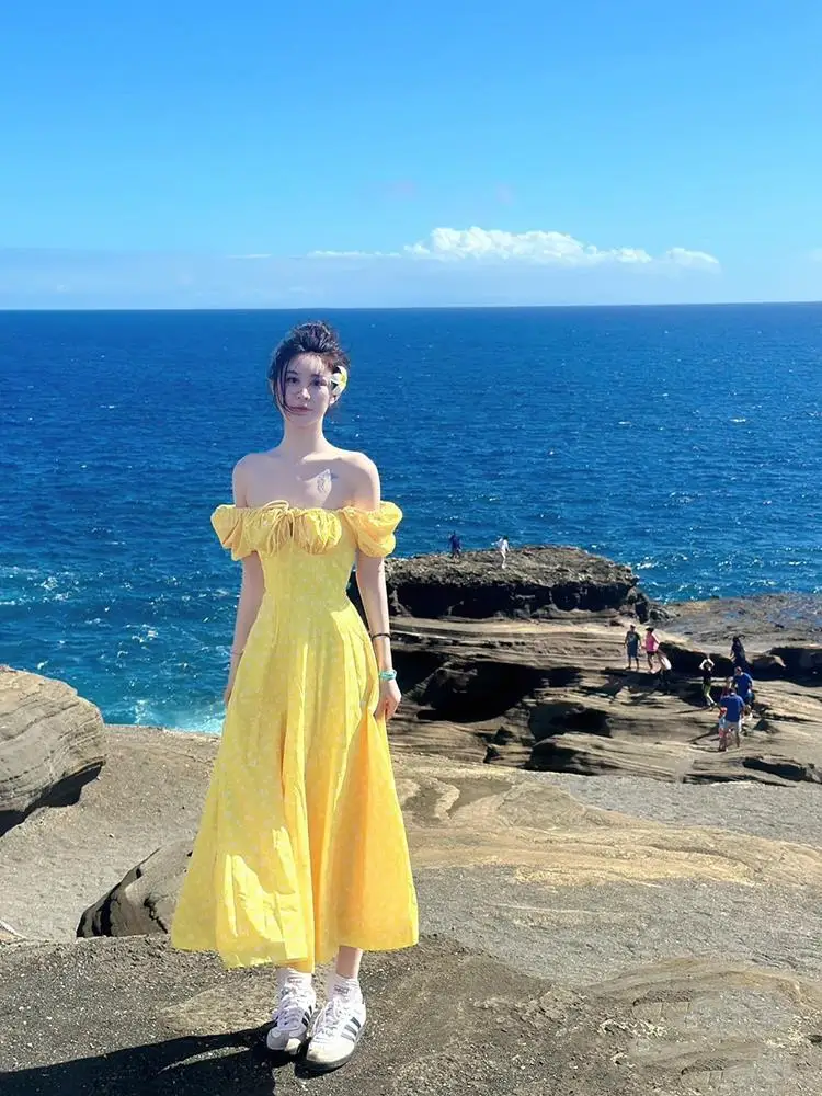 

Yellow floral bubble sleeve off shoulder dress for women's summer new beach vacation slimming super fairy princess long dress