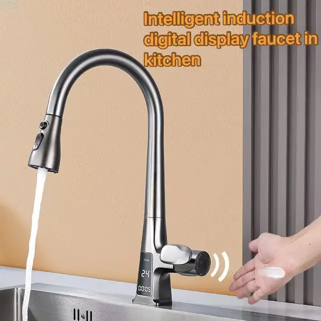 Kitchen Sink Intelligent Sensor Digital Display Pull-Out Faucet Non-Contact Switch Cold And Hot Three-Mode Outlet Basin Faucet 1