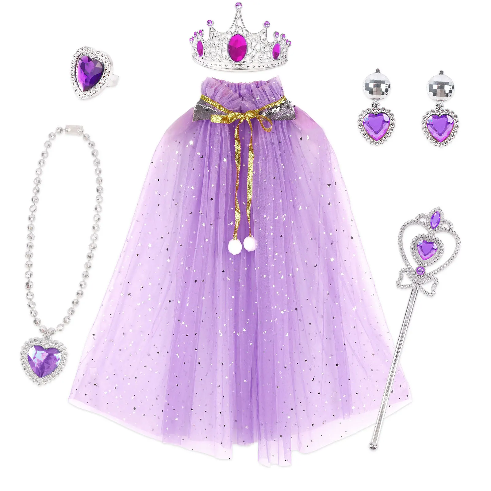 Princess Cape Set 7PCS Girls Princess Cloak with Tiara Crown, Wand for Little Girls Dress up Toy,Helloween,birthday,Xmax gift