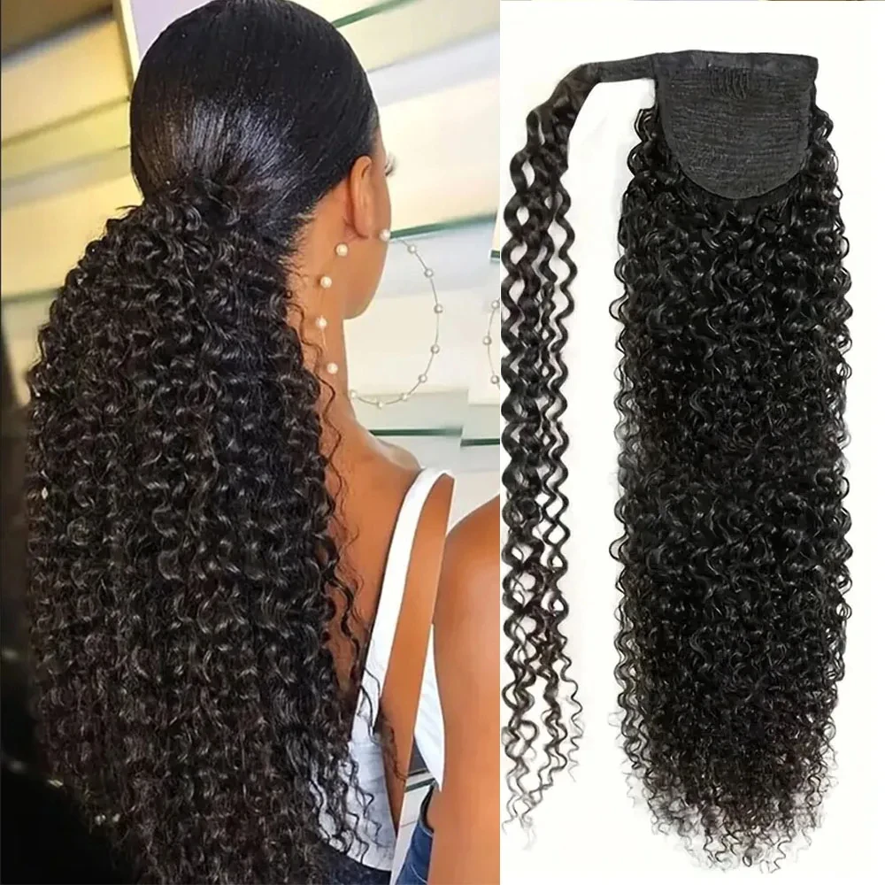 Human Hair Extensions Kinky Curly Natural Color Wrap Around 100% Brazilian Human Hair Ponytail
