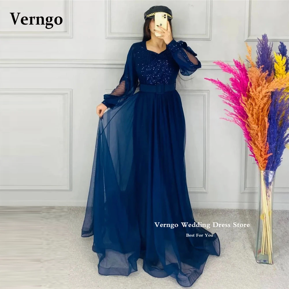 

Verngo Sparkly Navy Blue Arabic Women Evening Dresses Sequin Tulle Square Neck Puff Long Sleeves Formal Red Prom Gowns Plus Size