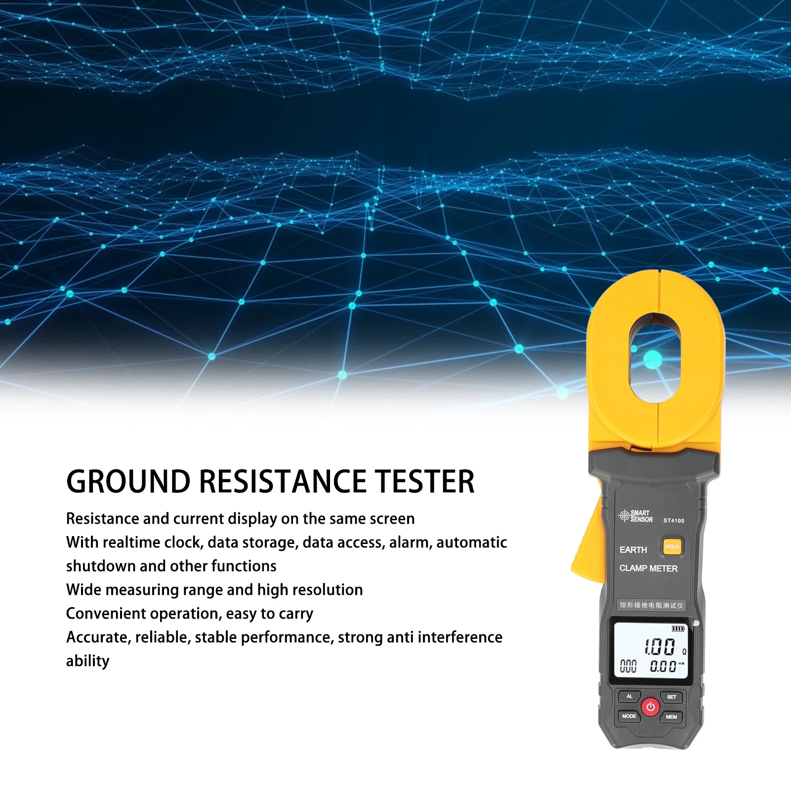 ST4100 Digital LCD Clamp Ground Resistance Meter Ground Earth Resistance Meter Tester range 0.010~500&Omega; Data Storage
