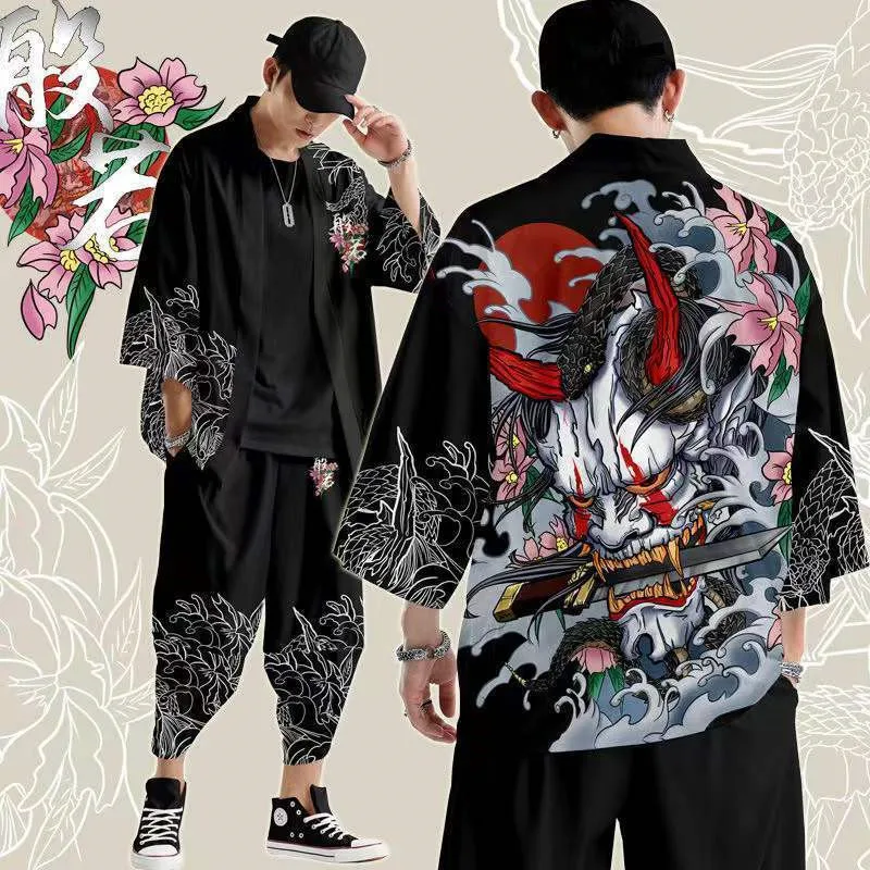 Large Size 5XL 6XL Japanese Kimono Cardigan Pants Set Print Demon Men Women Shirt Tradition Yukata Haori Obi Cosplay Costume