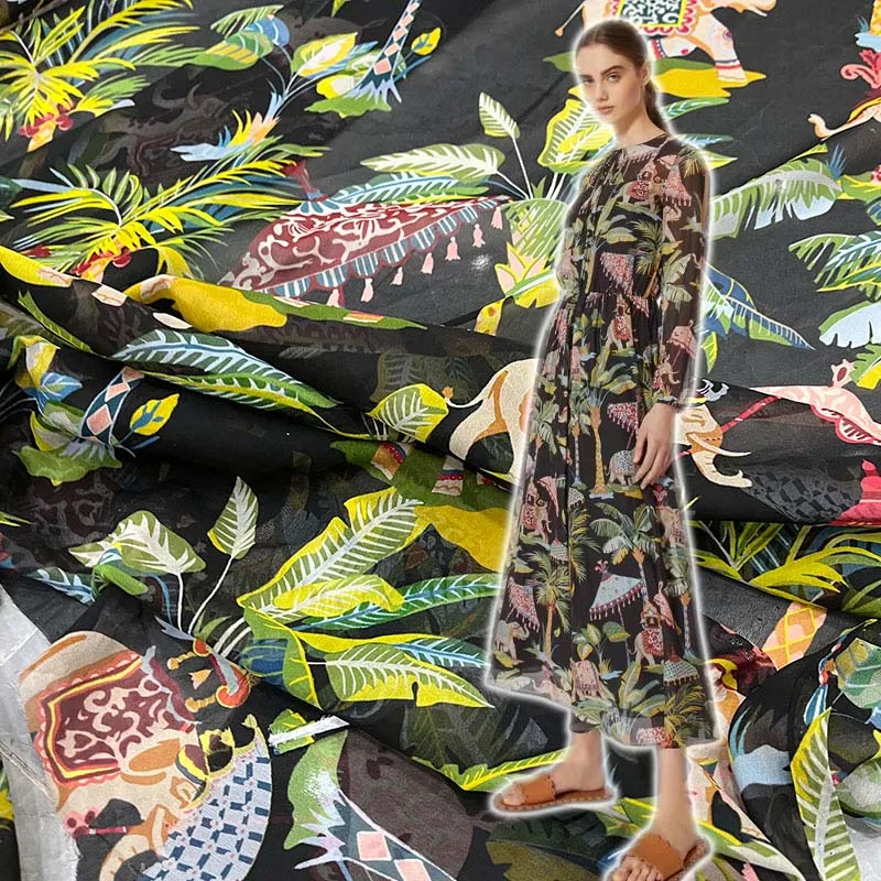 

Европейский и американский бренд шелковая ткань слон кокосовое дерево узор шелк тутового шелкопряда летний жоржет тонкая прозрачная ткань