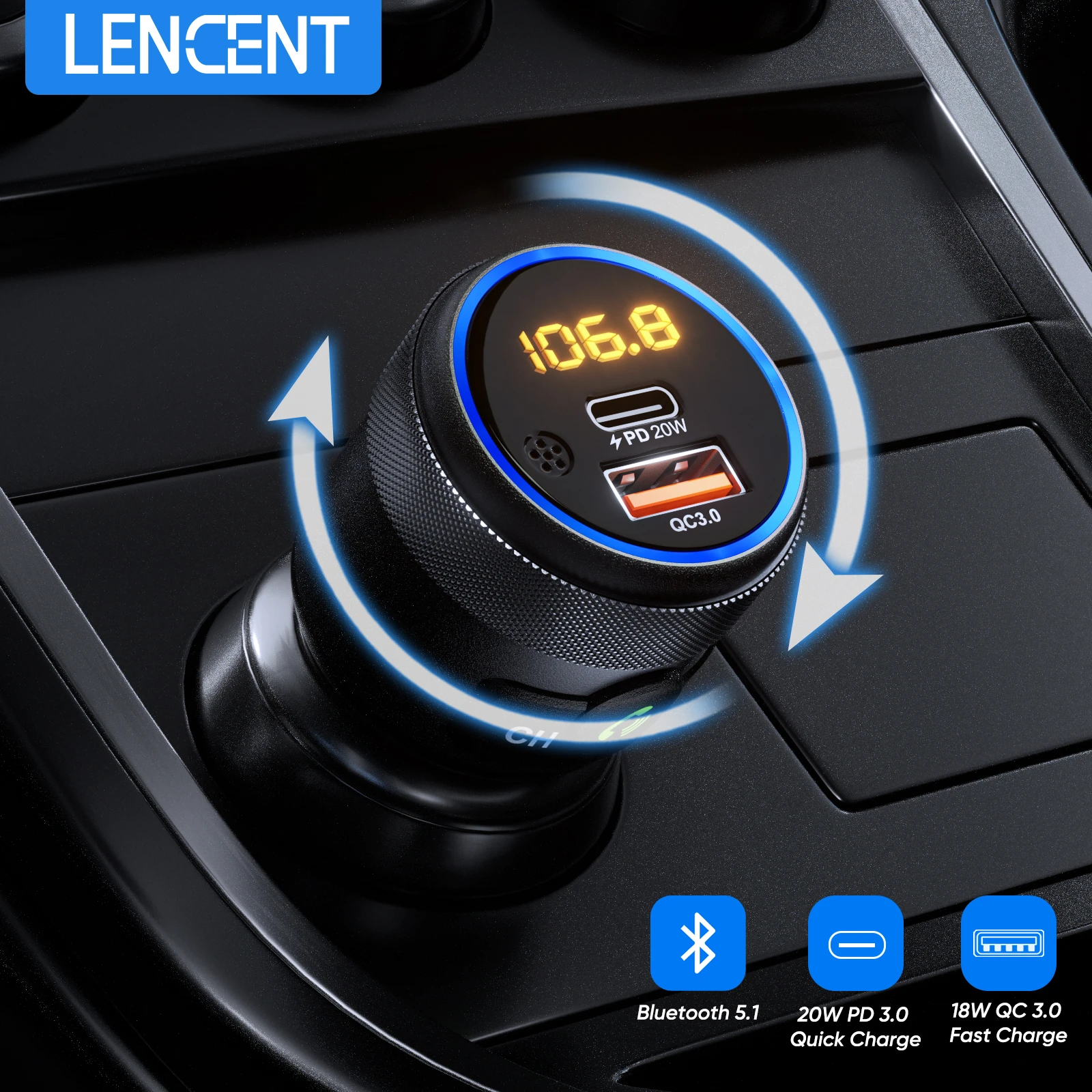 Lencent Fm Transmitter Modulator Car Bluetooth 5.1 Withtype C Pd 20w And Qc3.0 18w Car Fast