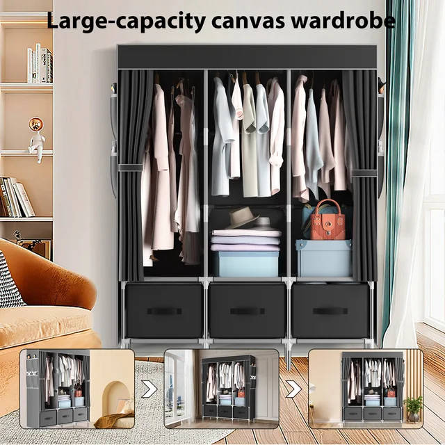 LOEFME Large Canvas Wardrobe Clothes Closet Cupboard With Shelves and 3 Storage Drawers