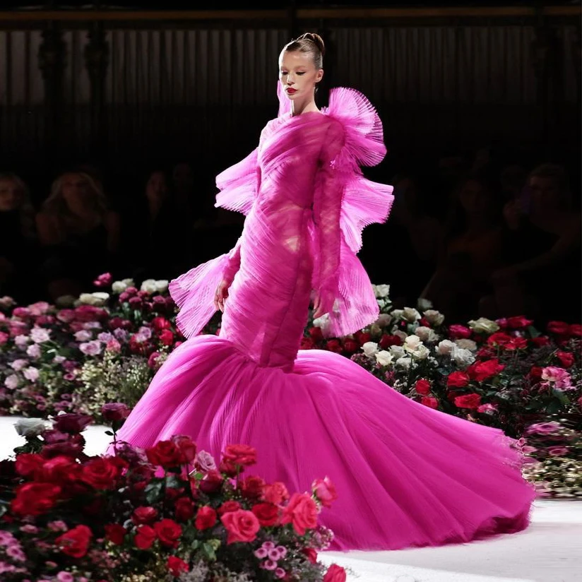 

Hot Pink Pleated Tulle Prom Party Dresses Mermaid Ruffled Long Sleeve Unique Formal Occasion Dresses Long Tulle Pageant Dress
