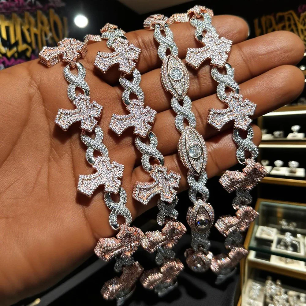 Rose White Two Tone Color Bling CZ Cross Inifinity Chain Bracelet