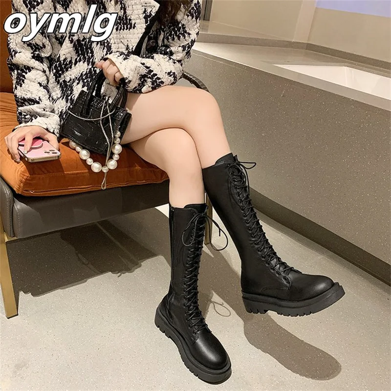 

Fashion women's boots 2022 autumn and winter new round toe thick bottom lace up long barrel fashion motorcycle boots wholesale
