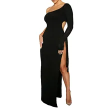 

Ladies Autumn Temperament Long Dress Leisure Style Solid Color Single Shoulder Long Sleeve Side Split Tie Up Slim Skirt