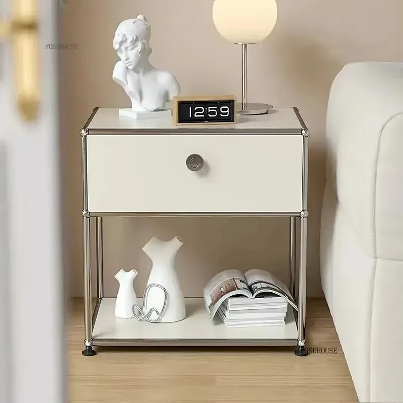 Modern Minimalist Nightstand Medieval Bedroom Furniture Module Storage TV Side Cabinet Stainless Steel Frame Bedside Table g