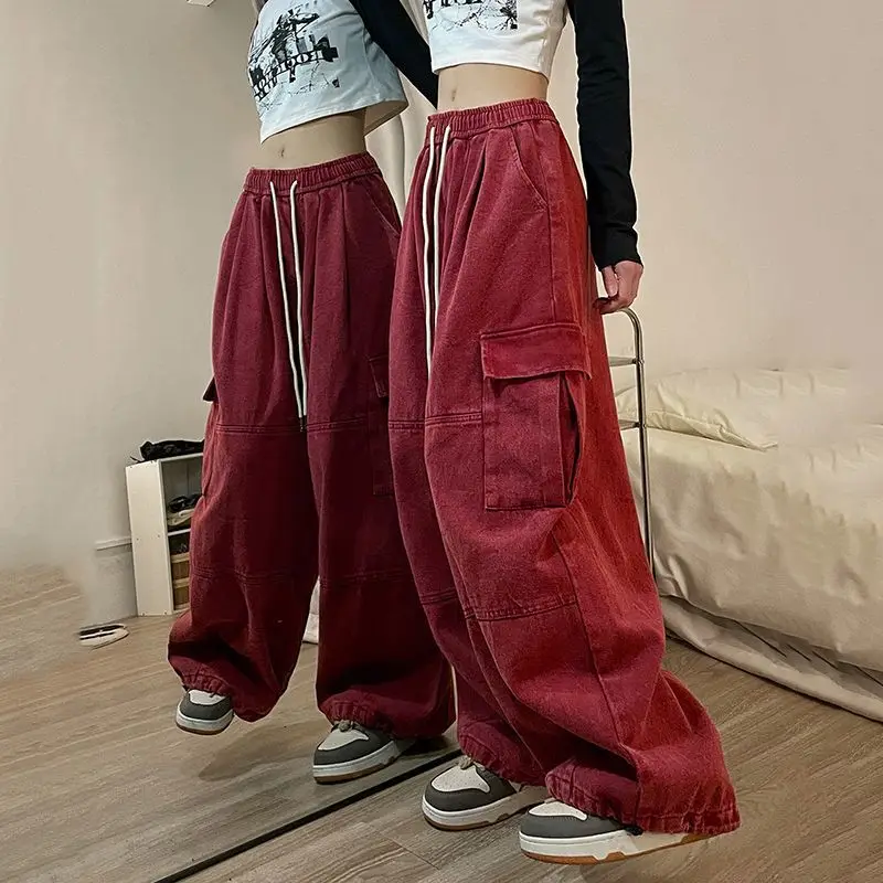

Multi-Pocket Blue Washed Cargo Pants Y2k Retro High Street Fashion High Waist Jeans Couple Harajuku Simple Casual Wide Leg Pants