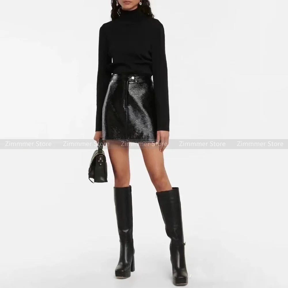 

23 Years early autumn new glossy senior sense of high-waisted A-line versatile leather zip black bustle skirt short skirt