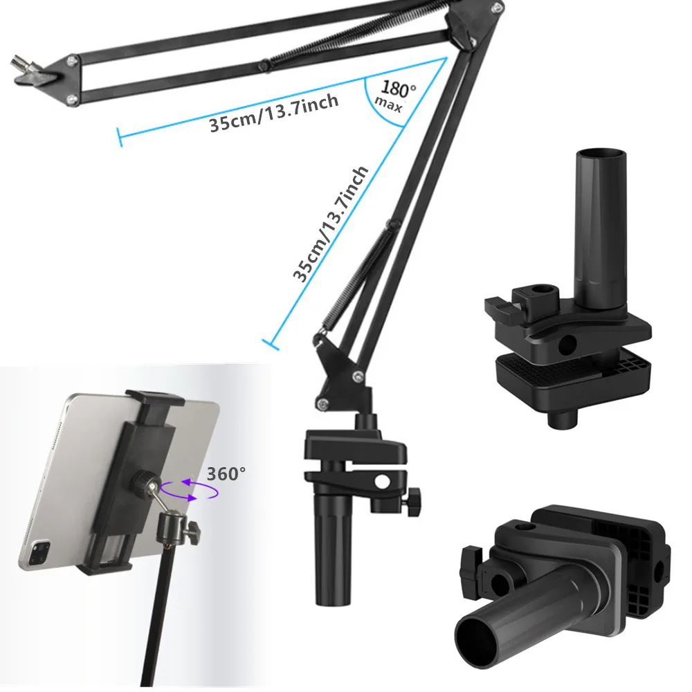 Tablet Stand for Bed Aluminum Arm Cell Phone Clamp Clip Overhead Mount Stand For iPad Mipad Galaxy Tabs Phones with 4-13 inch