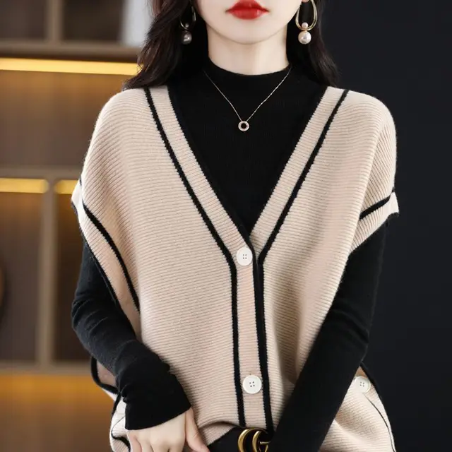 세련되고 편안한 가을을 위한 필수 아이템: 여성 브이넥 배색 니트 카디건