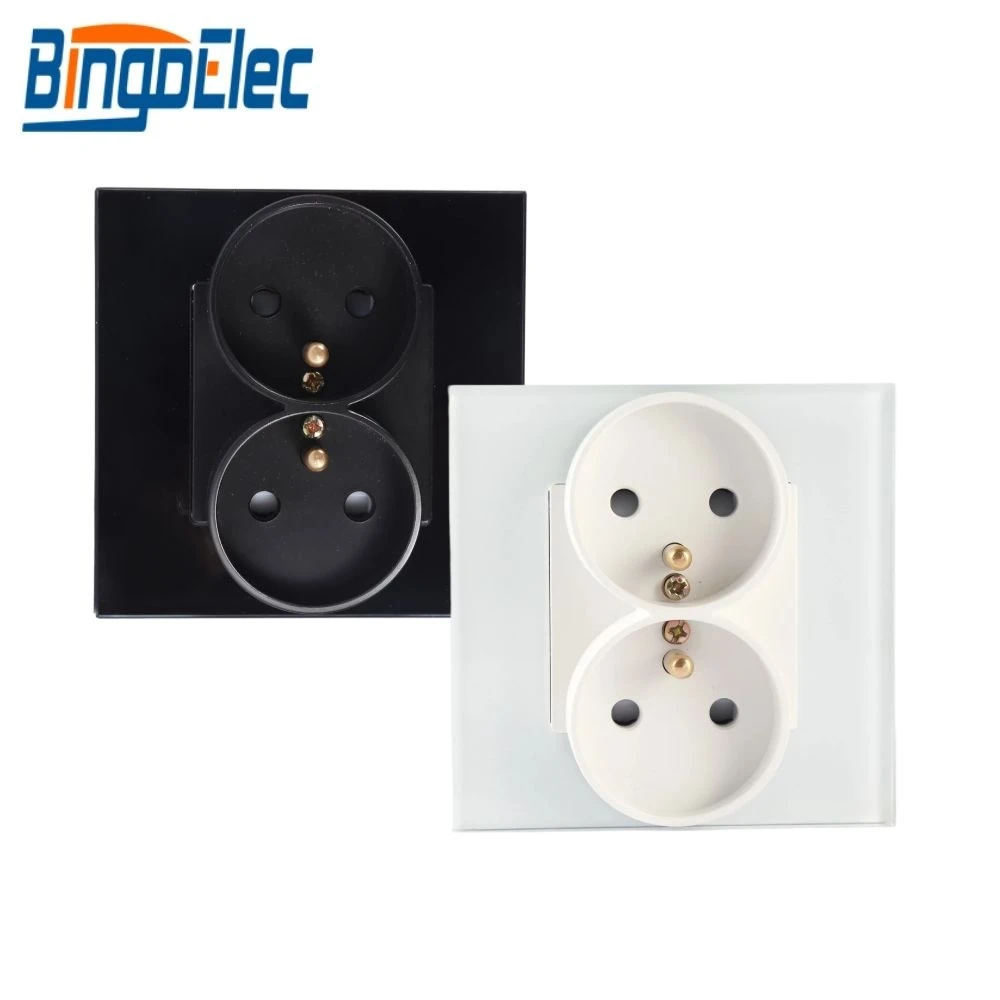 Bingoelec Double head French E type Socket Safety Tempered Glass panel CE EU Standard 16A 110-250V Wall Power 2 AC plug | Обустройство