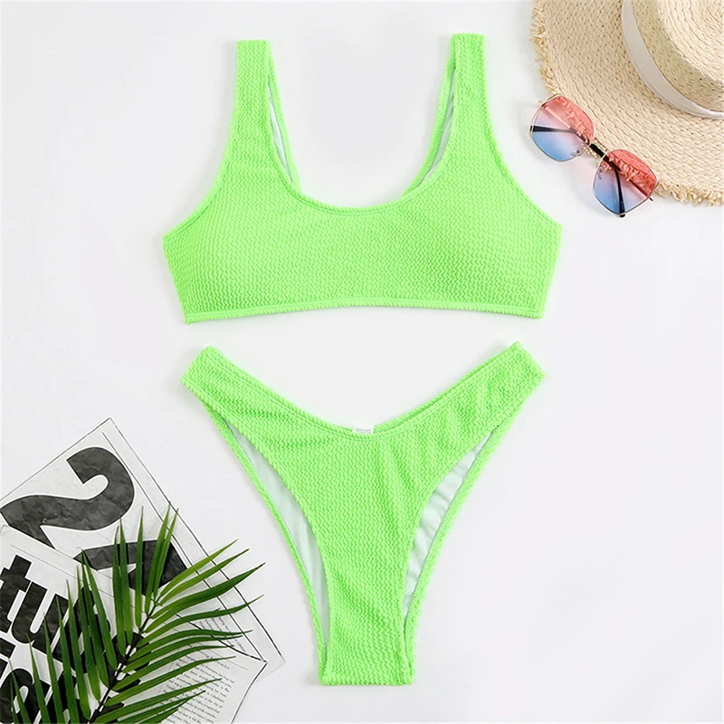 Women Push Up Wide Strap Bikinis Swimwear 2022 Sexy High Leg Bikini Set Swimsuit Beachwear Ribbed Solid Green Pink Bathing Suit leopard bikini set