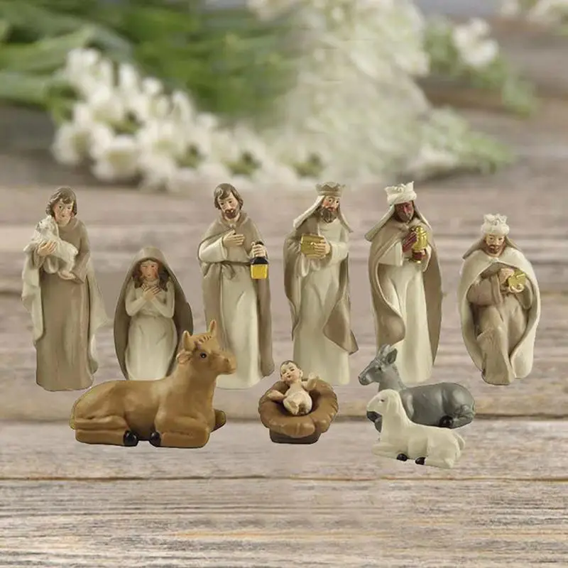 10pcs Nativity Scene Figurines Holy Family Resin Crafts Statue Tabletop Ornaments Nativity Keepsake Christmas Decoration Gift