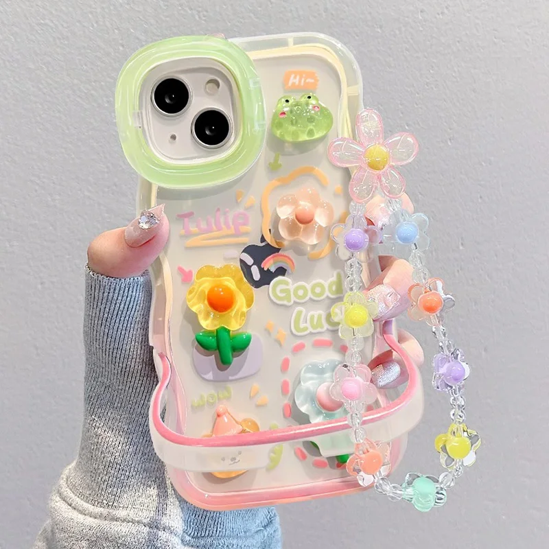 Flower Bracelet Chain Phone Holder Case For iPhone 16 17 15 14 13 12 11 Pro Max XS Max XR 3D Frog Rabbit Bracket Stand Cover 1