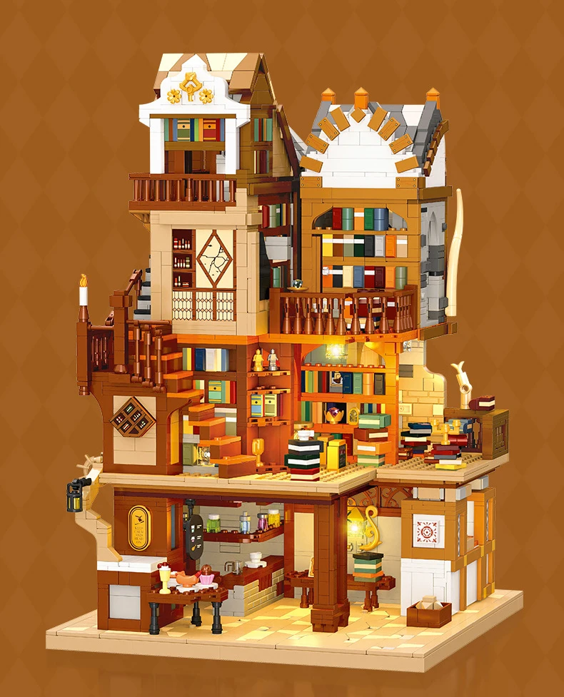 Kreative Bausteine Stadtansicht-Modellsets Mittelalterliche Europäische Bibliothek Konstruktions-Baukasten Lernspielzeug Mit Beleuchtung – Detail 7